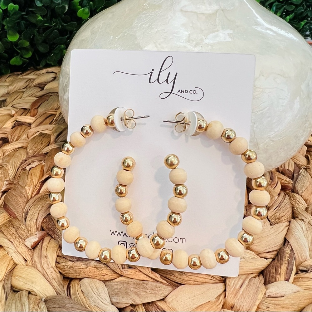 New Beaded Hoop Earrings | Wood and Gold | Boutique | Lightweight | Neutral Boho